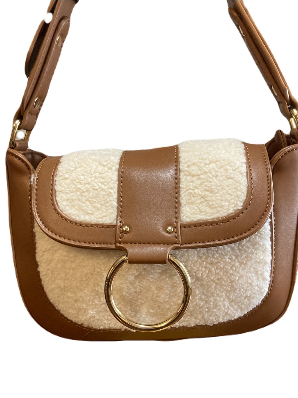 Antik Kraft Vegan Leather & Shearling Crossbody Saddle Bag - Cognac & Cream NWOT - Picture 3 of 15
